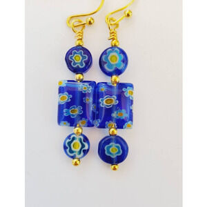 Blue Yellow Millefiori Glass Earrings 1.25 inch Handmade Great Gift